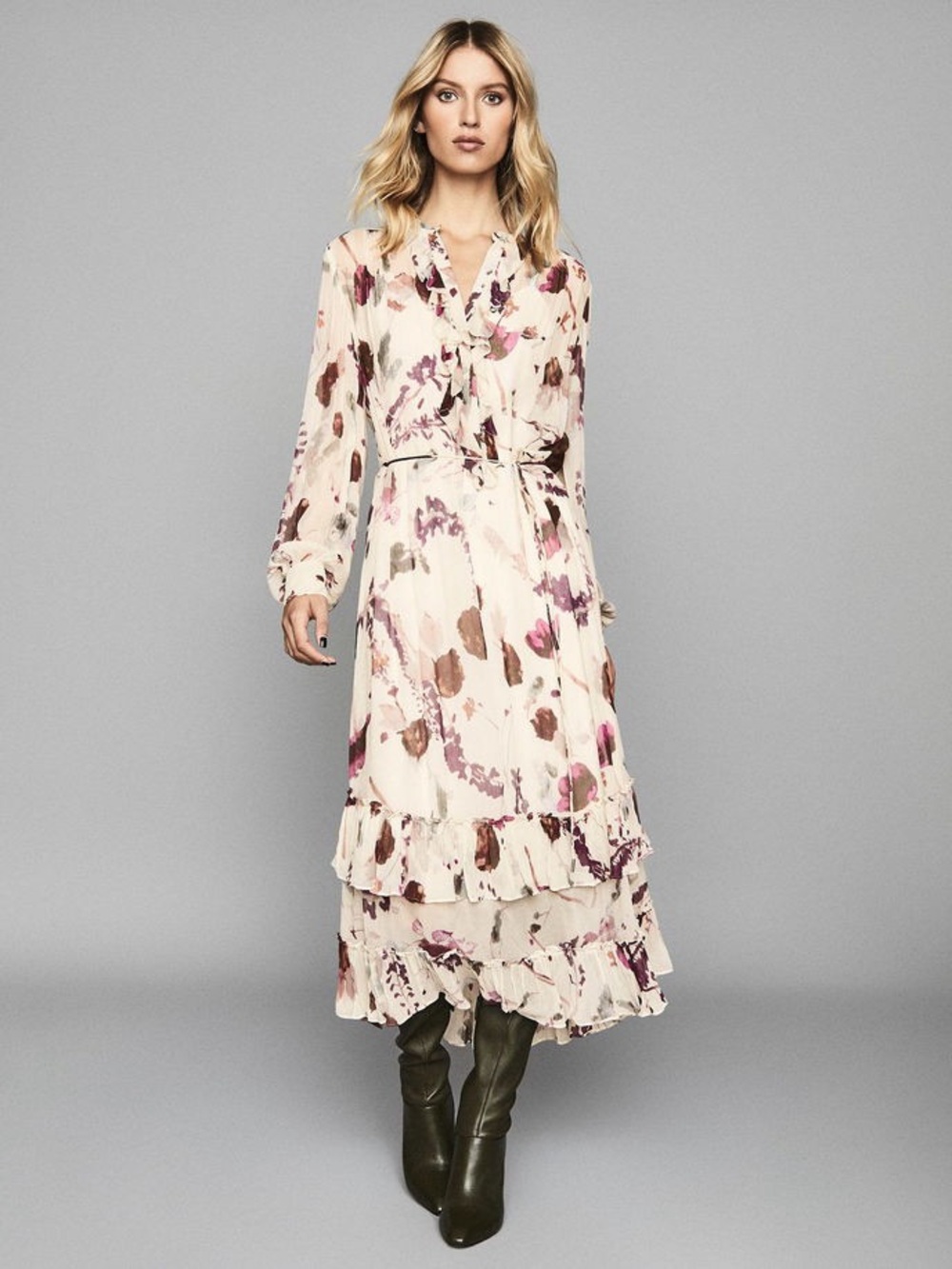 NWT Reiss Aster Romantic Floral Printed Midi Dress Cream Multi 4 Flawed